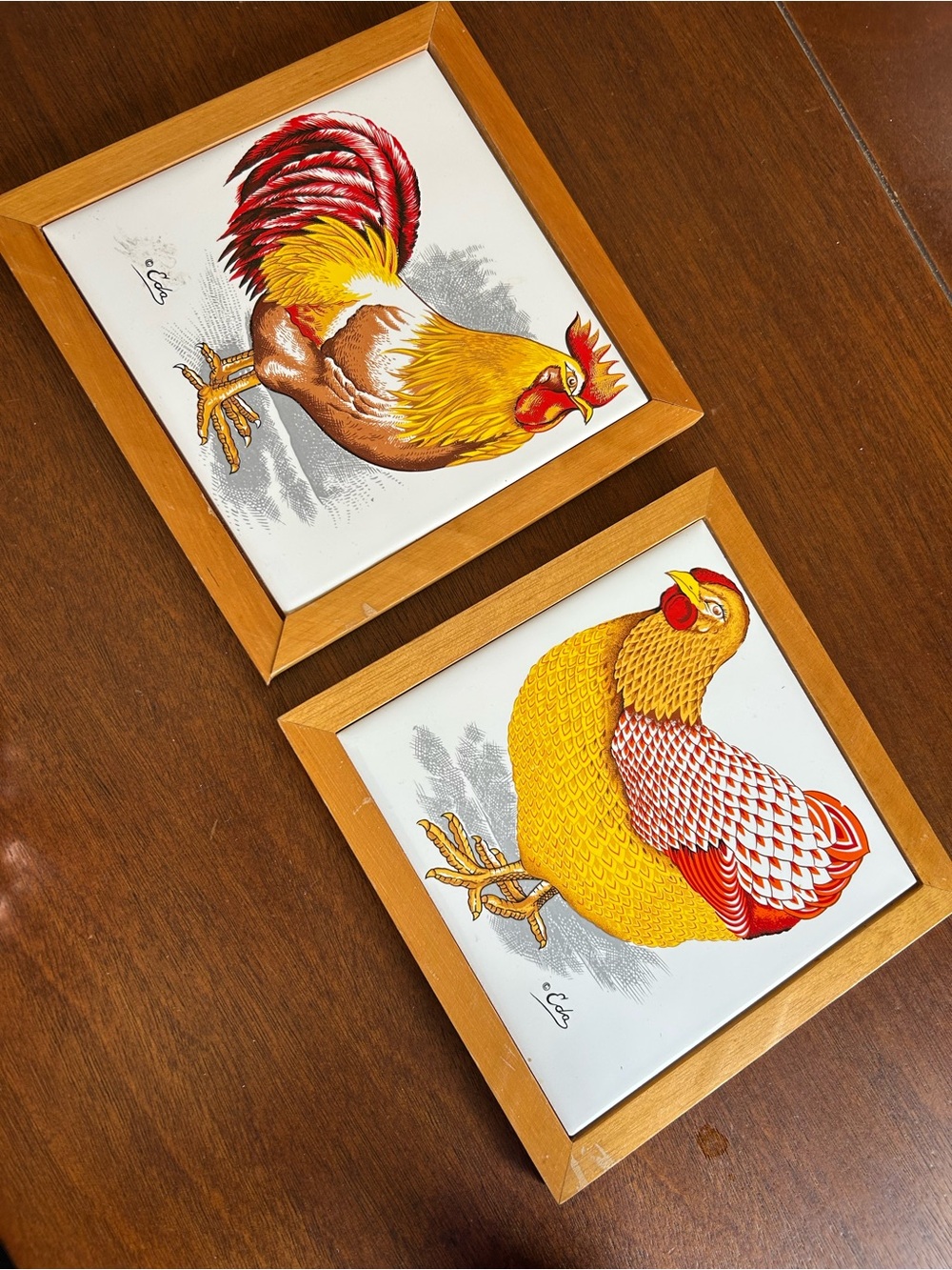 Framed Rooster Tile Art Pair in Yellow & Red